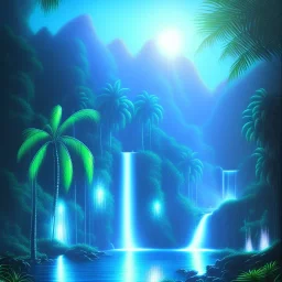 turquoise neon waterfall with palm trees sparkling at night in a cave detailed realistic glowing