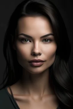 frontal beautiful caucasian woman, face mix from Michelle Schlaman, Kira Eggers, Samantha Flair with very soft and smooth edges, young version 25 years, prominent cheekbones, southern exotic dark hair