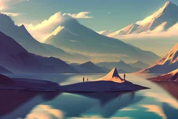 Sunny day, distant modern city, lake, lake reflections, people, mountains, sci-fi