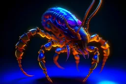 3D Print of an abstract insect alien, organic, neon infusion, spikes, vectorial, glowing, scorpion kraken, hybrid, orange and purple, Controlled Randomness, depth of vision, depth of field, sharpness 35%, Low Light Photography, Unreal Engine 5, OctaneRender, object illumination, ambient occlusion, metallic texture, static background, aesthetic, cyber, glossy, glow, bloom, surrealism, bones