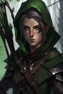 35 year old gender neutral rogue elf, thief assassin, messy mauve hair, bright green eyes, brown skin, black hood, black leather armor, messy, disheveled, trees, sneaky, bow and arrows, long and lean