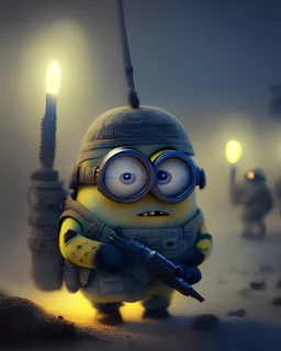 a minion at the frontlines in the army at night with his platoon fighting, slava ukraine, key lighting, soft lights, foggy, by steve haris, by lisa yuskavage, by serov valentin, by tarkosvky, 8 k render, detailed, cute cartoon style, very cute adorable face