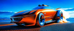 A national geographic award-winning photograph of a military fighter jet station wagon elephant hybrid bilaterally symmetrical designed by skunkworks, only one vehicle per image painted metallic orange traveling at a high rate of speed, jet intake off of the front center of vehicle and jet exhaust out the rear with bright blue flame soviet retrofuturism, cassette tape futurism, sleek but squared, tremendous nuclear powered engine