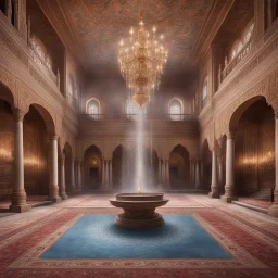 Hyper realistic detailed inside historical indian castle with chandeliers & ceiling paintings & glass work on pillars with beautiful carpet & water fountain