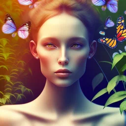 Generates high quality portraits of women covered in various plants, surrounded by forest and butterflies.