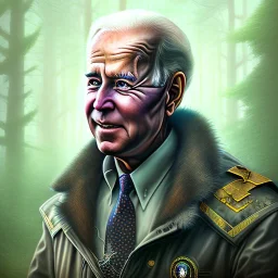 spray painting fantasy art, portrait biden looking crazy old, standing in portal to wet forest world from city world,poetry book illustration