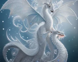 mdjrny-v4 style, a white dragon with fairy-like transparent glowing and sparkly wings standing in snow, full body, silver and teal background, glowing soft and smooth wings, realistic, highly detailed intricately detailed, shiny snowy background, soft studio lighting, trending on artstation, by artist "Julie Bell", by artist "Greg Rutkowski"