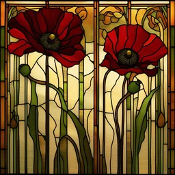 A stained glass textile-style artwork of a vivid red poppy in full bloom, its petals wide and slightly ruffled, glowing with deep crimson and scarlet tones. The flower is centered in the composition with gently curved green stems and slender buds, arranged in flowing Art Nouveau lines. Black seed pods and delicate leaf shapes add natural contrast. The background is filled with soft amber and sienna glass panels, bordered by golden swirling motifs. Bold black outlines, rich warm color, and elegan