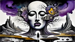 painted inner world with uncontrolled mind and soul, in midle a big head statue on floating island over surreal cracked painted weird empty land with some black doors. very dark purple, gray, black, white, brown. Whimsical style of Chagall , of Minjae Lee and René Magritte, lonely face with absurd beauty. broken, weird absurd nightmare, labirynth, dark vision, in background big neuron network and stars , surreal vibe