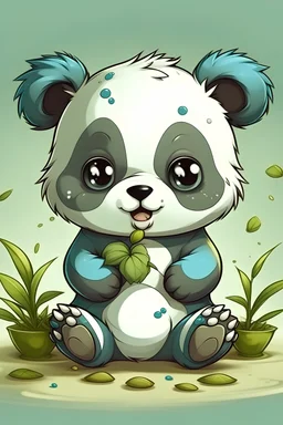 Cute child panda sits inside the lotos, draw it in 2D cartoon anime style with lineart and light shadows