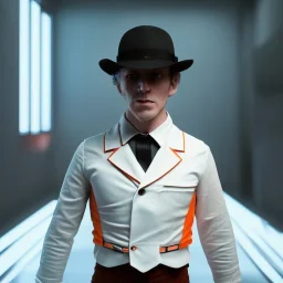 Clockwork orange, Alex, real, full body, distopic background, cyberpunk, dramatic lighting, hyper realistic, 8k