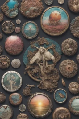 Badges, buttons, ideas, and feelings drop off by themselves. An individual can cherish them but they mean nothing; Neo-surrealism; Transcendent; Incredibly Detailed; Iridescent