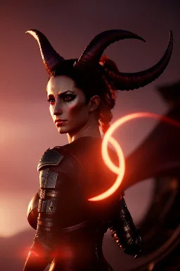 Female Tiefling warrior, demon horns, demon tail, ominous, facepaint, waist up portrait, intricate, oil on canvas, masterpiece, expert, insanely detailed, 4k resolution, retroanime style, cute big circular reflective eyes, cinematic smooth, intricate detail , soft smooth lighting, soft pastel colors, painted Renaissance style