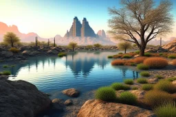 lagoon, rocks, distant mountains, arid land, dry trees, distant modern contemporary city, epic.