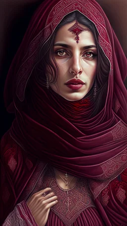 Hyper Detailed Gorgeous Turkish folklore woman, Wearing a maroon Bardot Dress & shawl