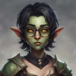 dnd, portrait of cute young orc-elf hybrid femboy, black hair, short hair, curled hair, hair covering one eye, emo hair, round glasses, tusks, sharp teeth, yellow eyes, flat chest, mage, magic, nose ring, pierced ears