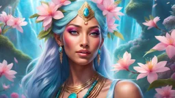 Photo realistic portrait of a gorgeous smiling skinny polynesian goddess with a golden dark shining skin, long smooth clear turquoise blue and pink white hair, blue eyes, in a sci-fi outfit with luminous strikes blowing a kiss in a hill of flowers with sakura trees, a waterfall, a crystal palace, loads of mini flowers, moss, sun rays through the branches, particles in the air at spring. Intricated details,