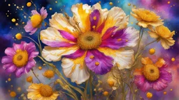ideal image optimization, the best lush big Cosmos flower result, Create stunning summer flowers art combining Gustav Klimt's intricate style with Pierre-Auguste Renoir's vibrant brushstrokes. Use alcohol ink splatter for dynamic elements. Aim for hyper-detailed super realism in 8K, with bright neon colors and gold accents, capturing a radiant summer day. Add an Art Nouveau aesthetic to enhance elegance and sophistication of this award-winning Masterpiece seamless pattern