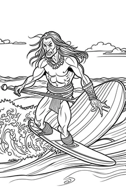 Outline art for coloring page OF A BUFF NATIVE SURFER WITH HIS FACE COVERED BY HIS LONG HAIR WEARING SHORTS RIDING A SURFBOARD ON A WAVE, coloring page, white background, Sketch style, only use outline, clean line art, white background, no shadows, no shading, no color, clear