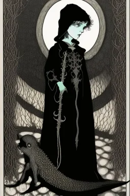 7 year old boy, necromancer, friendly, looks dead,with a long lamprey emerging from his belly , wearing black robes, in the style of Harry Clarke