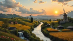 the Great Leonardo da Vinci is painting his monalisa and she is posing as modela in a village over high grassy hills,a small fall and river and wild flowers at river sides, trees houses ,next to Ripe wheat ready for harvest farm,windmill ,a few village local shops ,cloudy sun set sky,