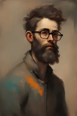 Space young hippie with beard and poor short very short semi bald hair with glasses of colours painted by Goya with de look and feel of dark paintings