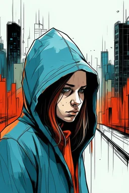 big city Bosch painting style thin a big line draw of hooded girl face