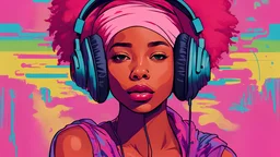a woman with headphones on her head, red headphones, with headphones, girl wearing headphones, wearing purple headphones, wearing headphones, pink headphones, with head phones, headphones on, headphones, pop and vibrant colors, portrait happy colors, vibrantly colored, vibrant glow, afrofuturist, colourfull, wearing cat ear headphones, pop art look, portrait willow smith, brightly coloured