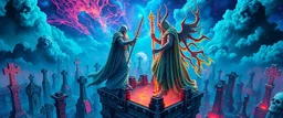 Epic portrait of most holy paladin vs demi-lich in tower cemetery in the style of Giger and Escher in Transparent Psychedelic Fluorescent Colors looking like a Record Cover, multidimensional depth of field, airbrush pen outline, on top of tower, seen from the clouds