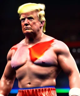 Realistic image of Donald trump wrestler, Mexican wrestling, glow makeup, red and blue breeches, suspenders, retro style, 80s, red, gold, vibrant color, highly detailed, clean background, concept art, unreal engine 5, god rays, ray tracing, RTX, lumen lighting, ultra detail, volumetric lighting, 3d, finely drawn, high definition, high resolution.