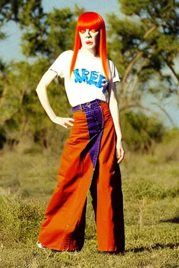 year 1996 denim fashion. Loose skirt, low waist. Combat pants and t-shirt. Colors: denim blue, blue, purple, cream, khaki, light green, lilac, plum, orange, terracotta, red, light yellow, pink, dark blue, beige. Latex in small part. Cheetah pattern. Gwen Stephani, Shirley Manson.Cargo pants