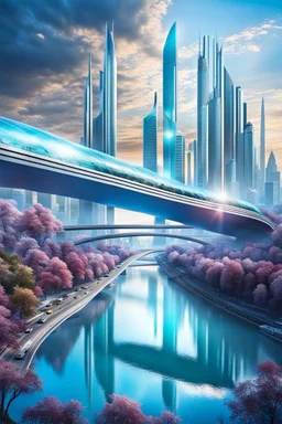 Dreamlike Skyline of Downtown futuristic hightech city in 4050 and a stunning futuristic Bridge During Sunlight over the azur-silver color river, cold colors, high detalied, sci-fi, landscape