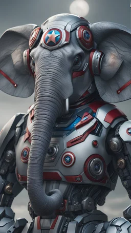 robotic elephant wearing a captain america suit fullbody shot whole body on screen more image, Miki Asai Macro photography, close-up, hyper detailed, trending on artstation, sharp focus, studio photo, intricate details, highly detailed, by greg rutkowski