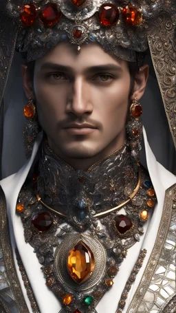 AI BYZANTINE style, 3d photo realistic portrait of young MAN, handsome, hard eyes, smiling, rugged, opulent, ornate, shiny molten metalics, large mixed gemstones, high definition, insane details, shadows, octane render, 64k, 3d