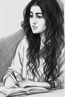 Pencil sketch of Young woman, Arab features,sad, long wavy hair, reading a book, full body، on lined paper