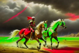 Hun Arrow Crossers on horseback, scorched earth, thunderstorm, red, white, green, sürrealism