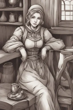 DnD style, medieval beautiful woman dressed in warm winter clothes sitting in a tavern