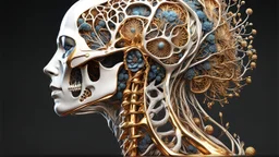 3D rendering of Expressively detailed and intricate of a hyperrealistic “human anatomy”: side view, scientific, single object, glossy white, shinning gold, vines, tribalism, black background, shamanism, cosmic fractals, octane render, 8k post-production, detailled metalic bones, dendritic, artstation: award-winning: professional portrait: atmospheric: commanding: fantastical: clarity: 16k: ultra quality: striking: brilliance: stunning colors: amazing depth