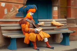 Half parrot half human in a 1700s Orange Dutch uniform siting on a bench in a Dutch city eating a loaf of bread