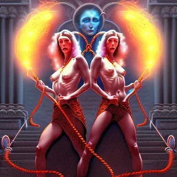 Two women skipping with a rope, demons and angry gods fight in the background, in the style of a Michael Moorcock book cover.