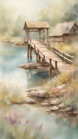 Weathered wooden bridge, aged planks, rustic allure, rocky lake setting, charming village backdrop, wildflowers delicately scattered, tranquil water mirroring surroundings, hyperrealistic vintage composition, watercolor technique, inspired by Carne Griffiths, enchanting masterpiece creation, intricate detailing, bathed in spring sunlight, vibrant color scheme, magical atmosphere, high-resolution output, meticulous brushwork, soft and nostalgic lighting, captivating nostalgic beauty.