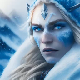 Photoreal close-up of a beautiful blonde warrior with blue-white body paint in foggy snowy mountains at dawn