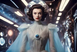 Austrian simbolism, hiper-realistic technicolor Vivien Leigh Princess wears a Star wars futuristic Surrealist organza velvet fashion gown, ornamental details, in space opera Stanley Kubrick movie style