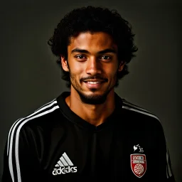 85mm DSLR color photography of a very detailed headshot fitting all of head and hair in frame. 23-year-old English soccer player, with black hair color and with facial hair and has a brown light skin tone with a small smile, grey background