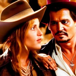 johnny depp as indiana jones kissing a blond girl looking at him. high definition