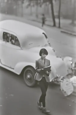 color photo of a student girl 22 years old ,short hair with her books in her hand walking in street,next to trees.