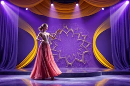 modern stage with gray-dark yellow blueish violet theme artistic decoration , color full dynamic lighting, a beautiful lady in maxi dress with shining silver jewels dancing, 3D recursive fractal structure animating background