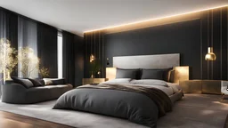 Modern Master Bedroom. Detailed. Rendered in Unity. Gold Lighting. Black theme. add windows. add couch. add night stands.