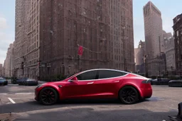 A Tesla 'Model S' is parked, near the Flatiron Building in Manhattan. (CINEMATIC, WIDE ANGLE LENS, PHOTO REAL)