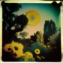 Polaroid photo of a peaceful marvelous landscape, trees, flowers, giant sun, very spooky figure, intricate, rock formations, atmosphere of a Max Ernst painting, Henri Rousseau, thoughtful, interesting, a bit appalling, smooth